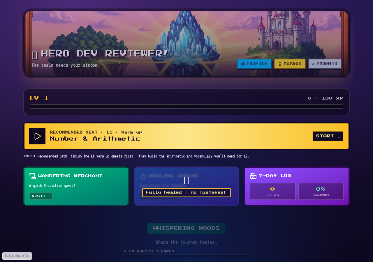 SEAG Quest child dashboard showing a hero, recommended quest, XP and adventure map