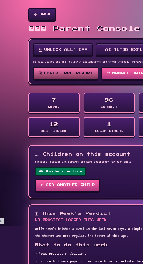 SEAG Quest parent dashboard showing readiness, recommendations and topic performance
