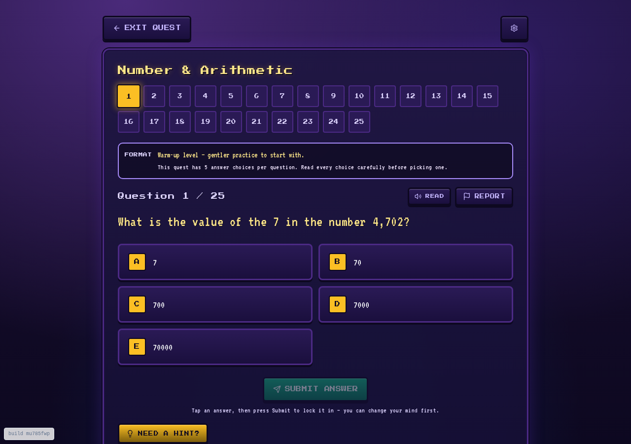 A real SEAG Quest maths practice question